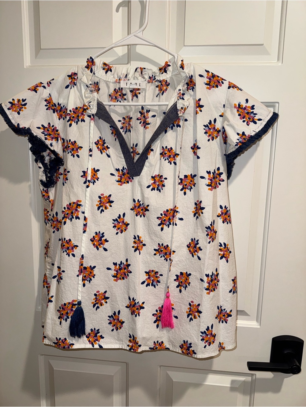 THML White Floral Tassel V-Neck Top with Navy Trim